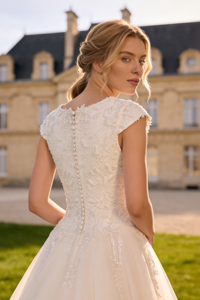 Monica Loretti 8393 trouwjurk met knoopsluiting en kanten details