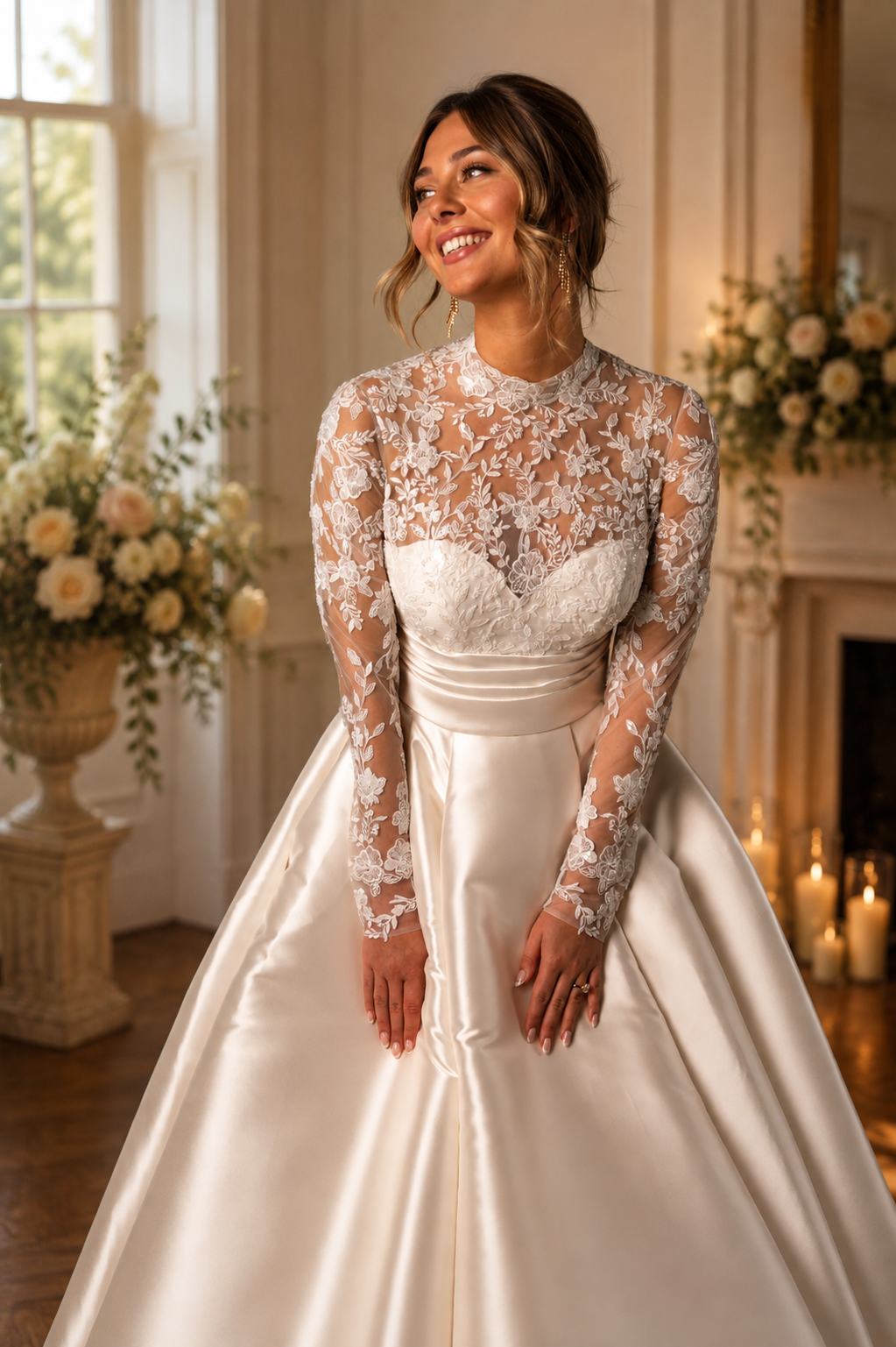 Detail hoge kanten hals Stella York SY8230 trouwjurk